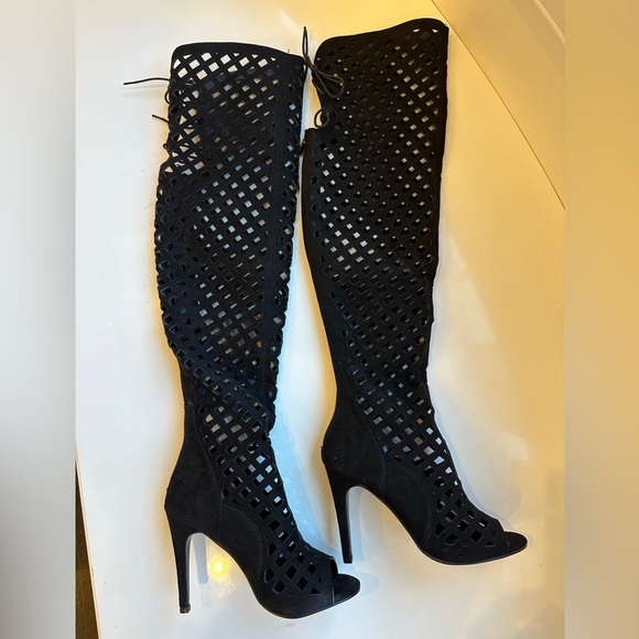 Black Mesh Over The Knee Boots, Cutouts, High Heel Boots size 8.5 - Picture 14 of 17